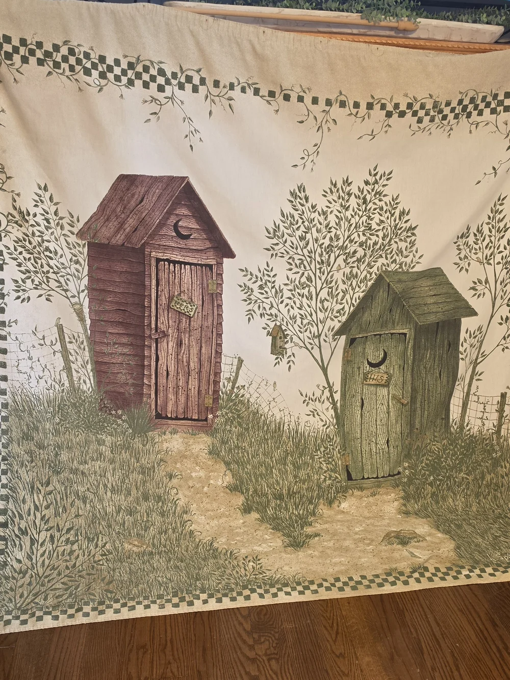 Decorative Farmhouse Outhouse Shower Curtain - Green & Brown